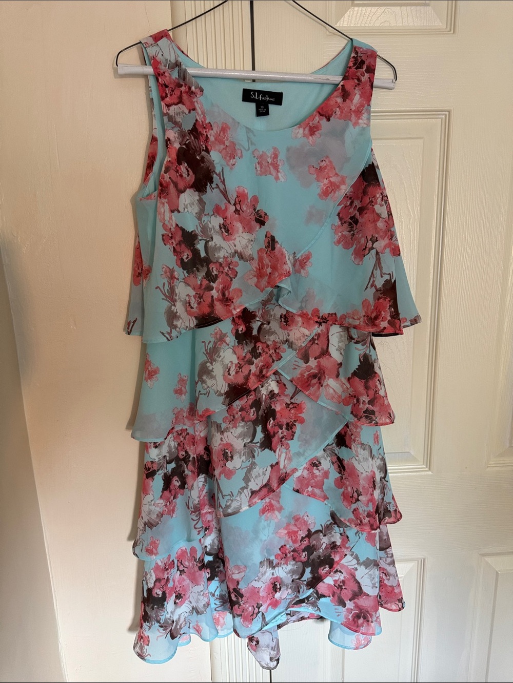 SL Fashions aqua and pink floral tiered midi dress